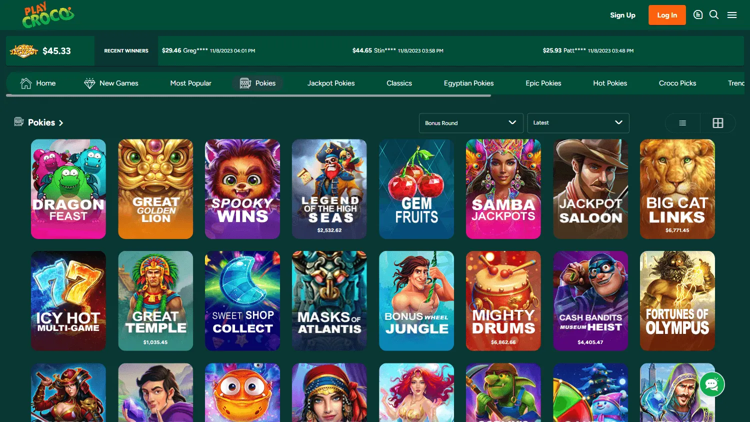 Croco Casino desktop games lobby with casino titles