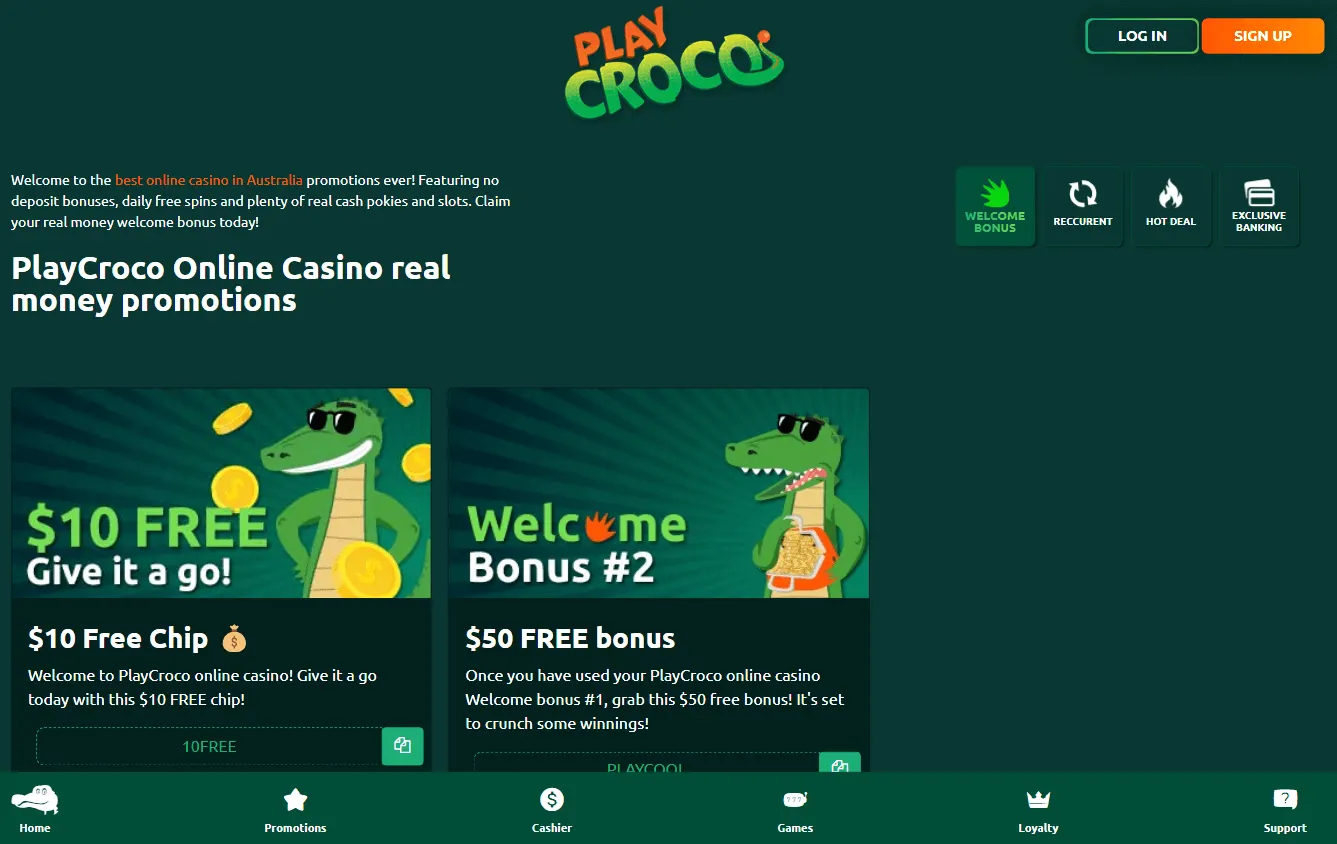 Croco Casino desktop promotions area with bonus offers