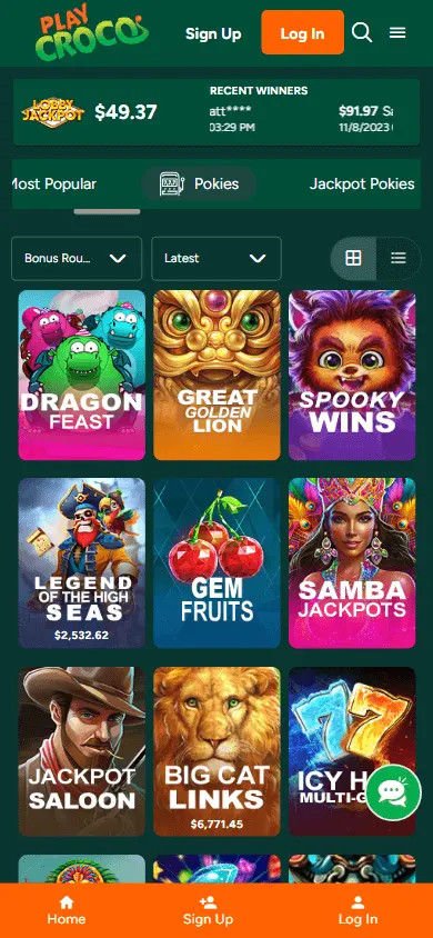 Croco Casino mobile games lobby on a smartphone